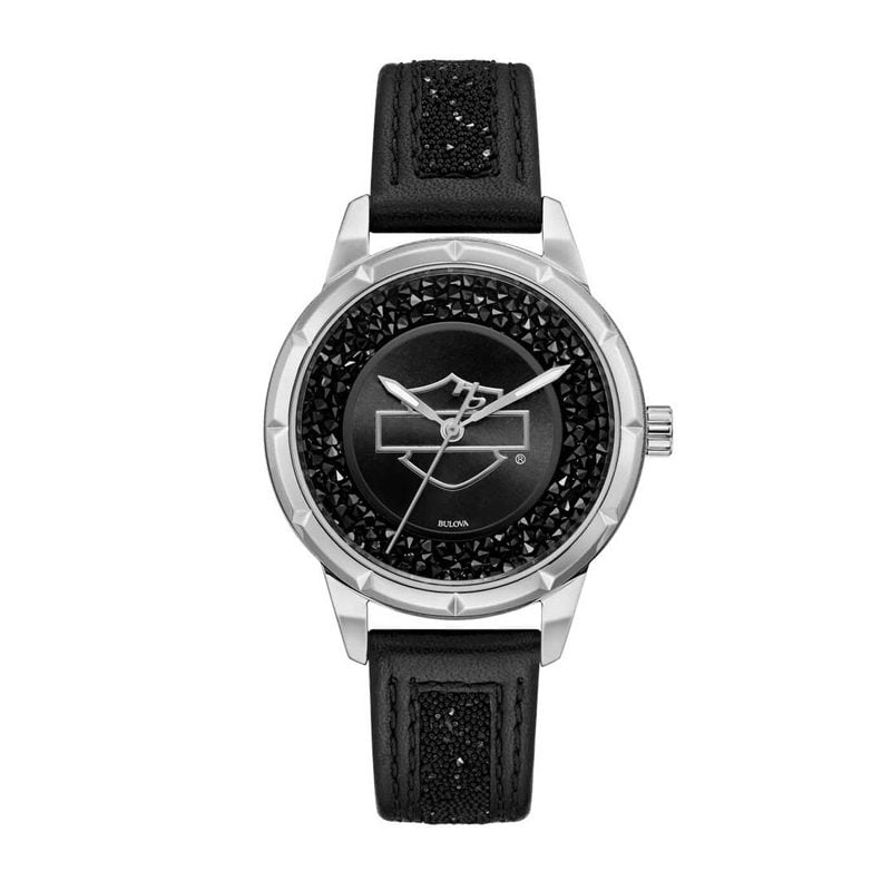Harley-Davidson® Women's Open B&S Crystal Embellished Watch, Leather Strap